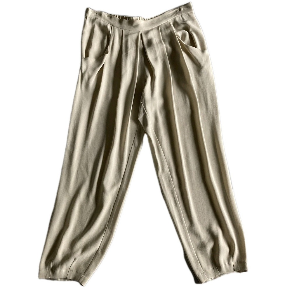 Eileen Fisher Pants Women M Bone 100% Silk Crepe Ankle Length Pleated Pocket NWT